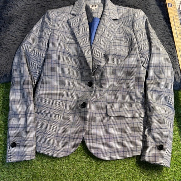 Anne Klein Women's Plaid Blazer Size 2 Tailored Black White Blue - Picture 1 of 3